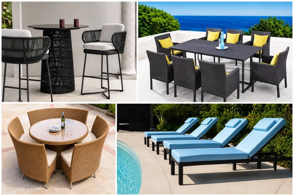 Collage of Courtyard bar stools, dining sets, round wicker seating and pool loungers